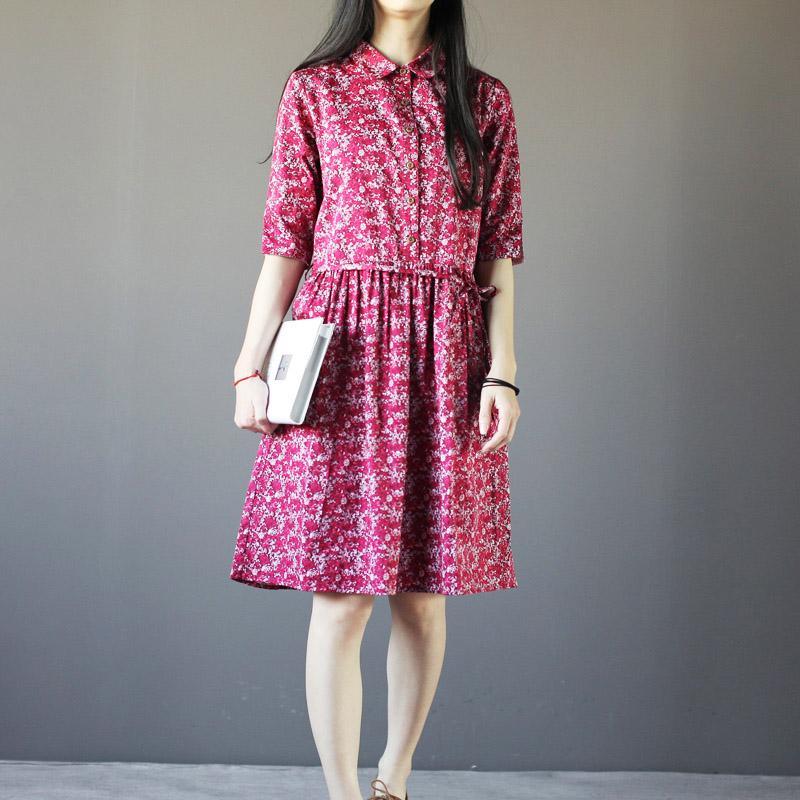 Red foral linen sundress print cotton knee dress