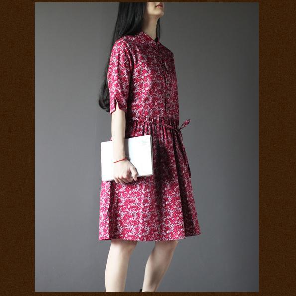 Red foral linen sundress print cotton knee dress