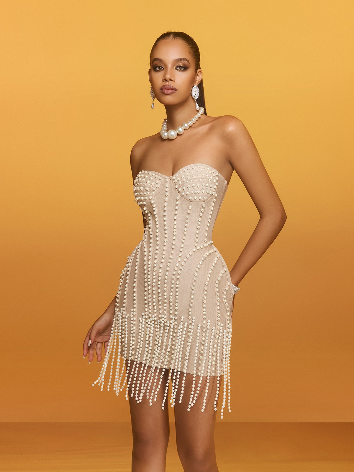 Strapless Faux Pearl Beaded Fringe Hem Corset Mini Dress 2