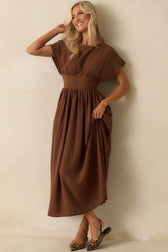 Round Neck Short Sleeve Ruched Waist Midi Dress