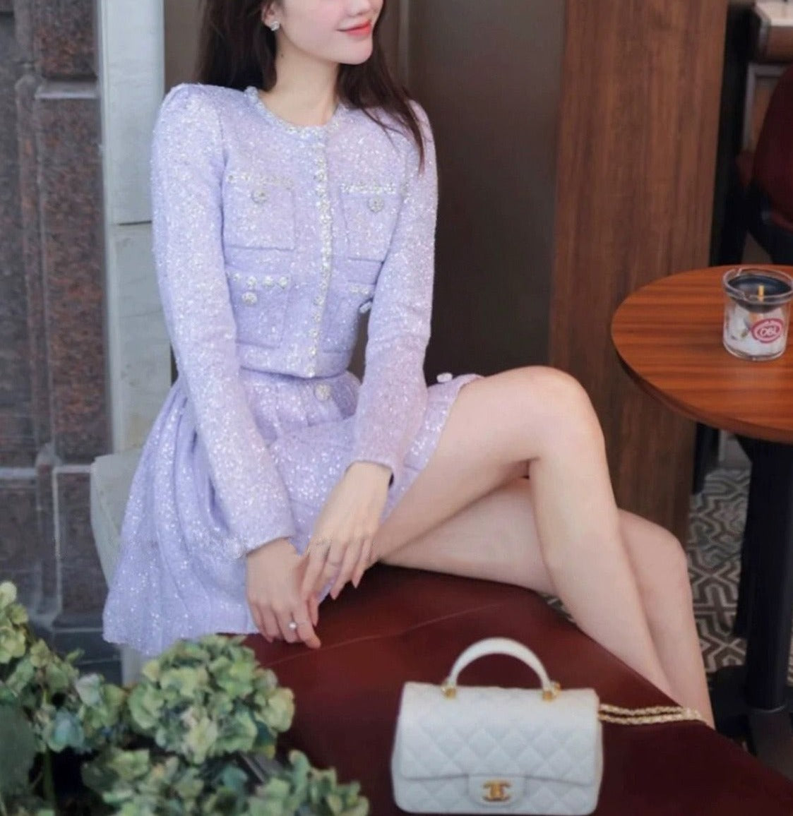 Remi Sequin Embellished Knit Cardigan Skirt Set