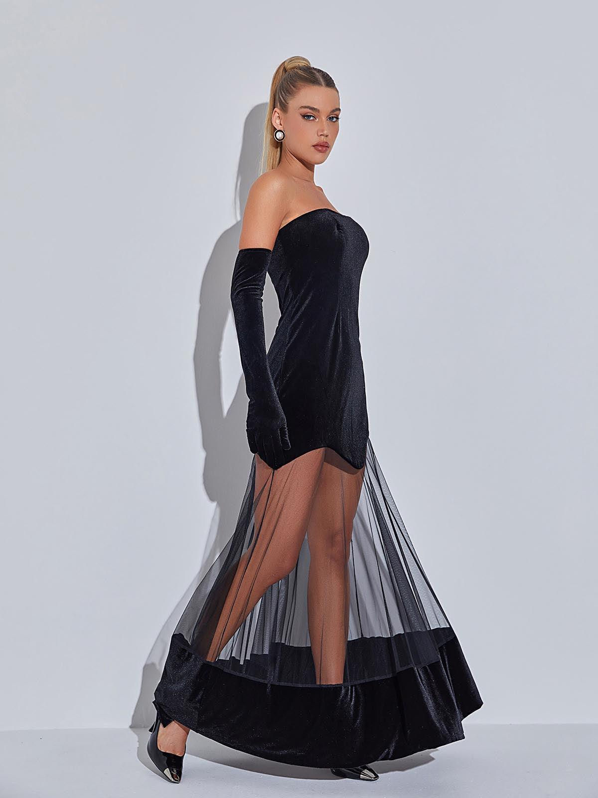 Rena Strapless Velvet Mesh Maxi Dress 5