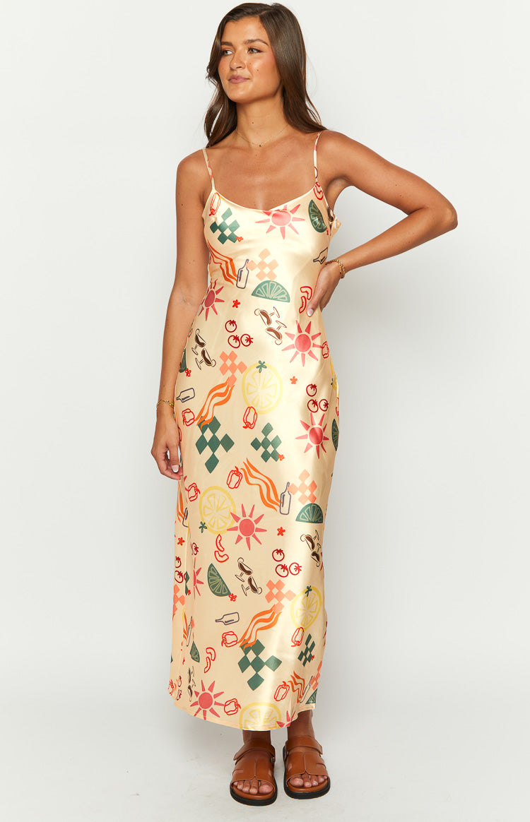 Satin Citrus and Cocktail Print Cowl Neck Cami Slip Maxi Dress 3