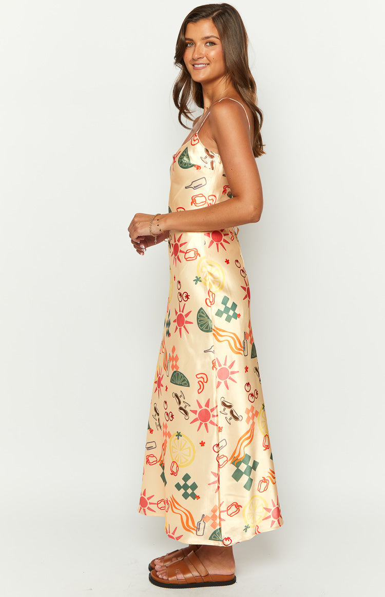 Satin Citrus and Cocktail Print Cowl Neck Cami Slip Maxi Dress 4