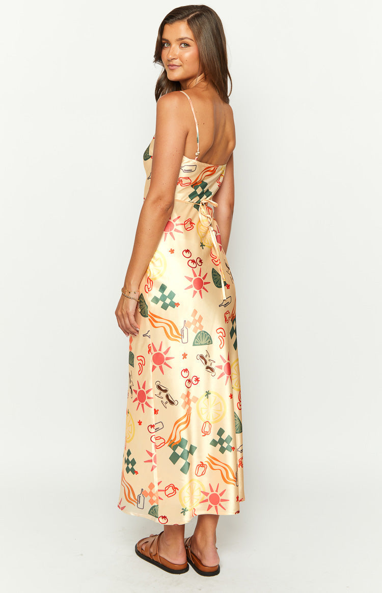 Satin Citrus and Cocktail Print Cowl Neck Cami Slip Maxi Dress 6