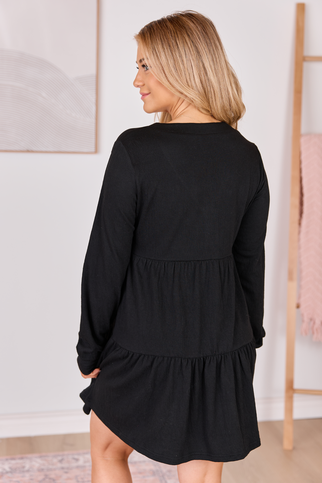 Ribbed Knit V-Neck Long Sleeve Button Front Tiered Mini Dress 4