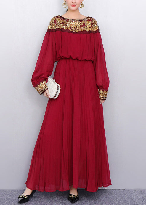 Sequin Embroidered Chiffon Long Sleeve Bishop Sleeve Pleated Maxi Gown