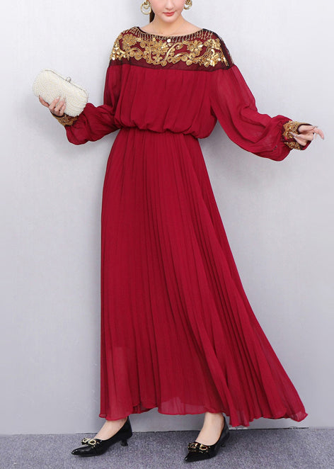Sequin Embroidered Chiffon Long Sleeve Bishop Sleeve Pleated Maxi Gown