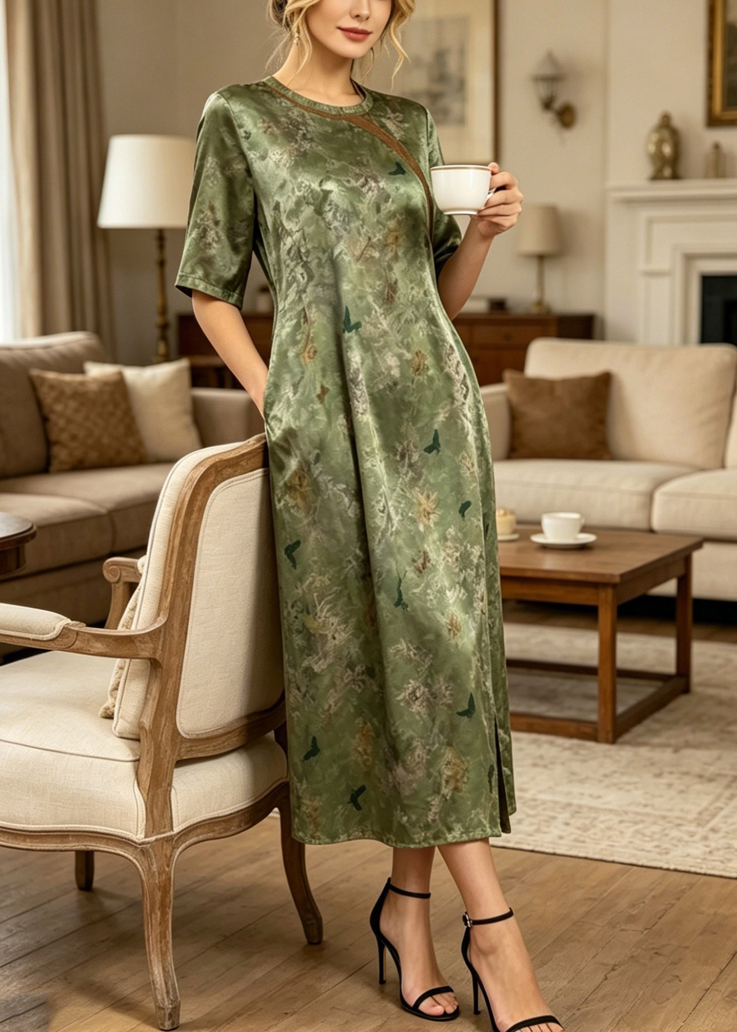 Butterfly Print Round Neck Cheongsam Trim Short Sleeve Side Slit Midi Dress