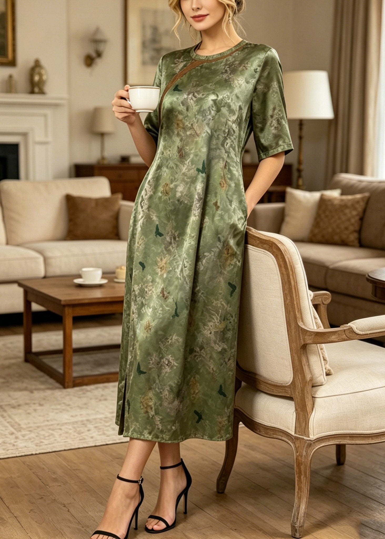 Butterfly Print Round Neck Cheongsam Trim Short Sleeve Side Slit Midi Dress