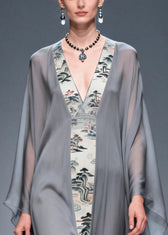 Retro Grey V Neck Patchwork Print Chiffon Maxi Dress Summer 2