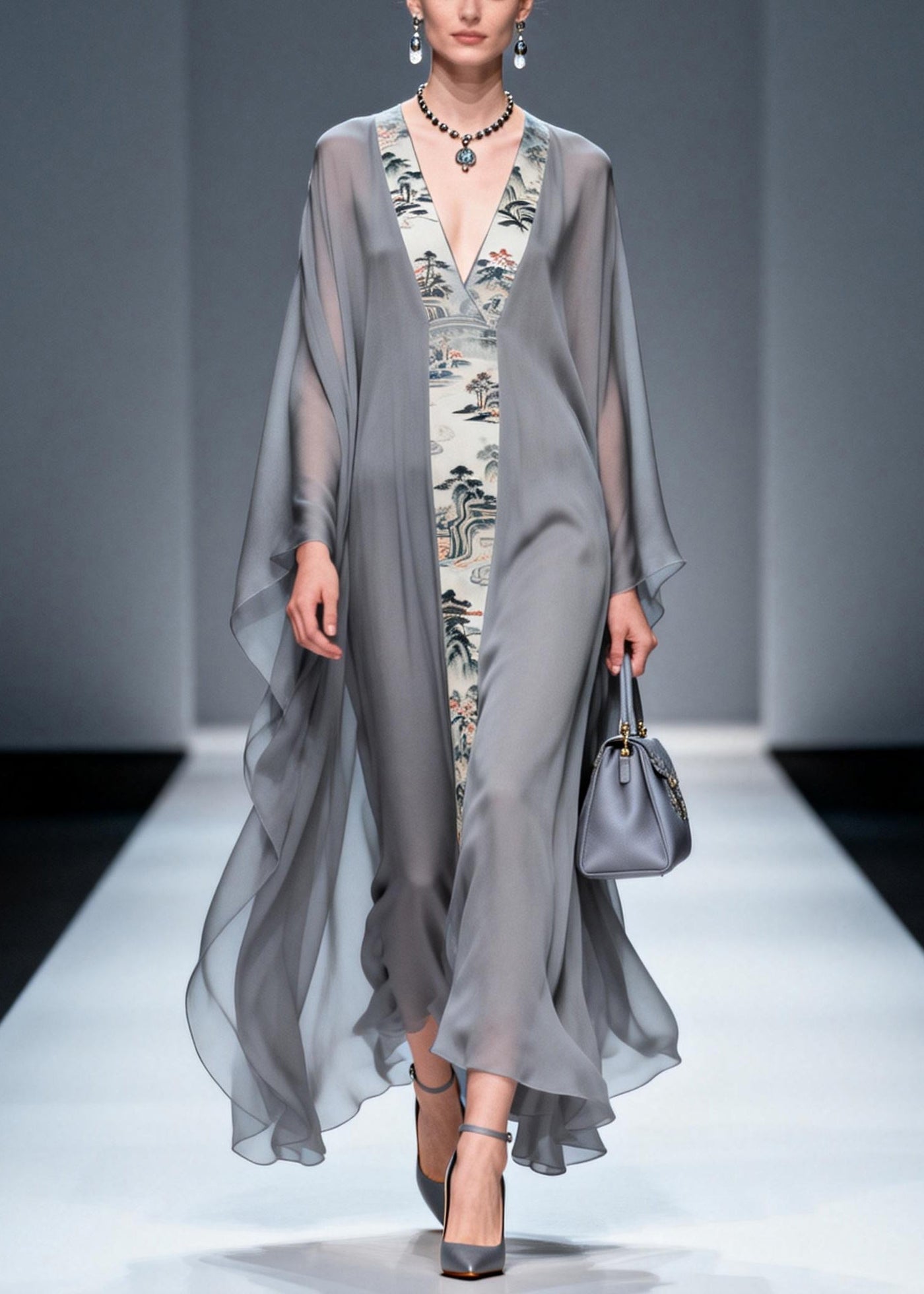 Retro Grey V Neck Patchwork Print Chiffon Maxi Dress Summer 3