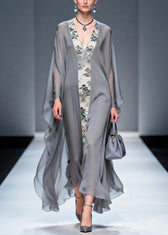 Retro Grey V Neck Patchwork Print Chiffon Maxi Dress Summer 3