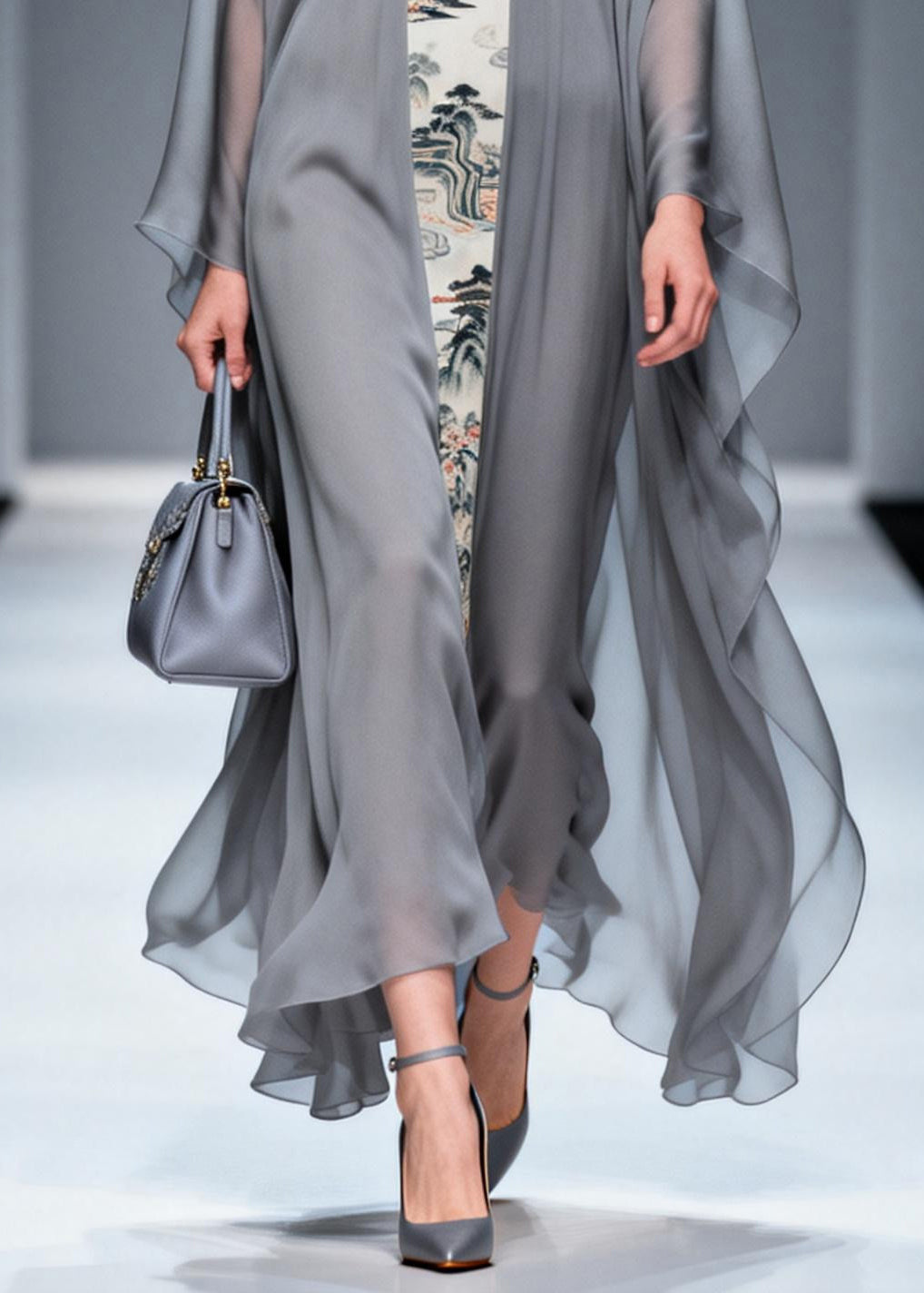 Retro Grey V Neck Patchwork Print Chiffon Maxi Dress Summer 4