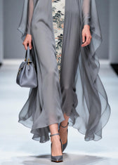 Retro Grey V Neck Patchwork Print Chiffon Maxi Dress Summer 4