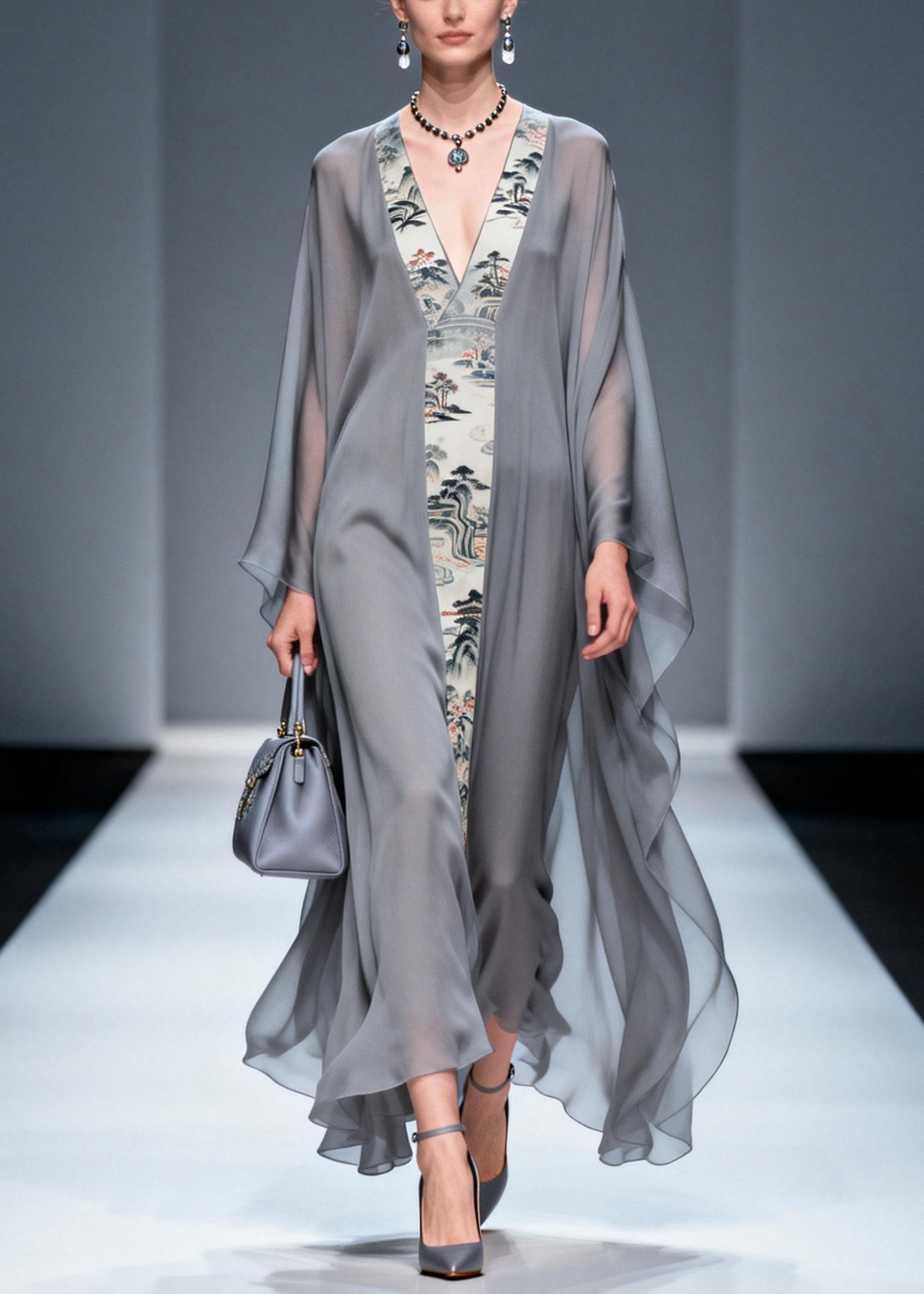 Retro Grey V Neck Patchwork Print Chiffon Maxi Dress Summer 5