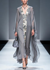 Retro Grey V Neck Patchwork Print Chiffon Maxi Dress Summer 5