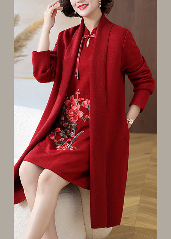 Retro Red Print Pockets Woolen Coats And Mid Dress Two Pieces Set Fall