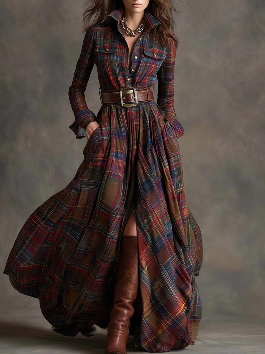 Plaid Collared Long Sleeve High Split Belted Shirt Maxi Dress