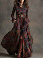 Plaid Collared Long Sleeve High Split Belted Shirt Maxi Dress