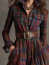 Plaid Collared Long Sleeve High Split Belted Shirt Maxi Dress 4