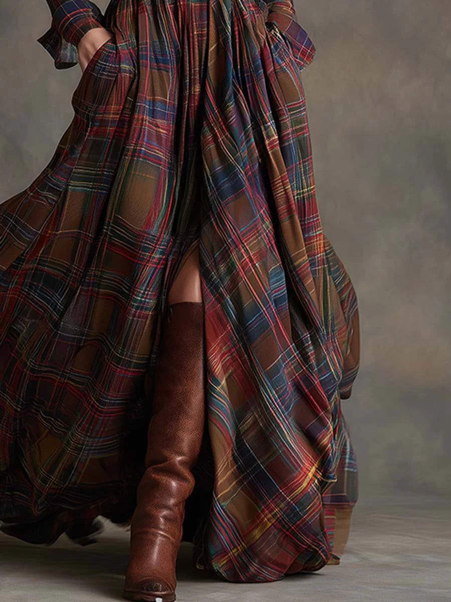 Plaid Collared Long Sleeve High Split Belted Shirt Maxi Dress 5