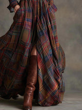 Plaid Collared Long Sleeve High Split Belted Shirt Maxi Dress 5