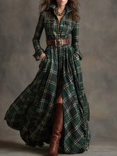 Plaid Collared Long Sleeve High Split Belted Shirt Maxi Dress 2