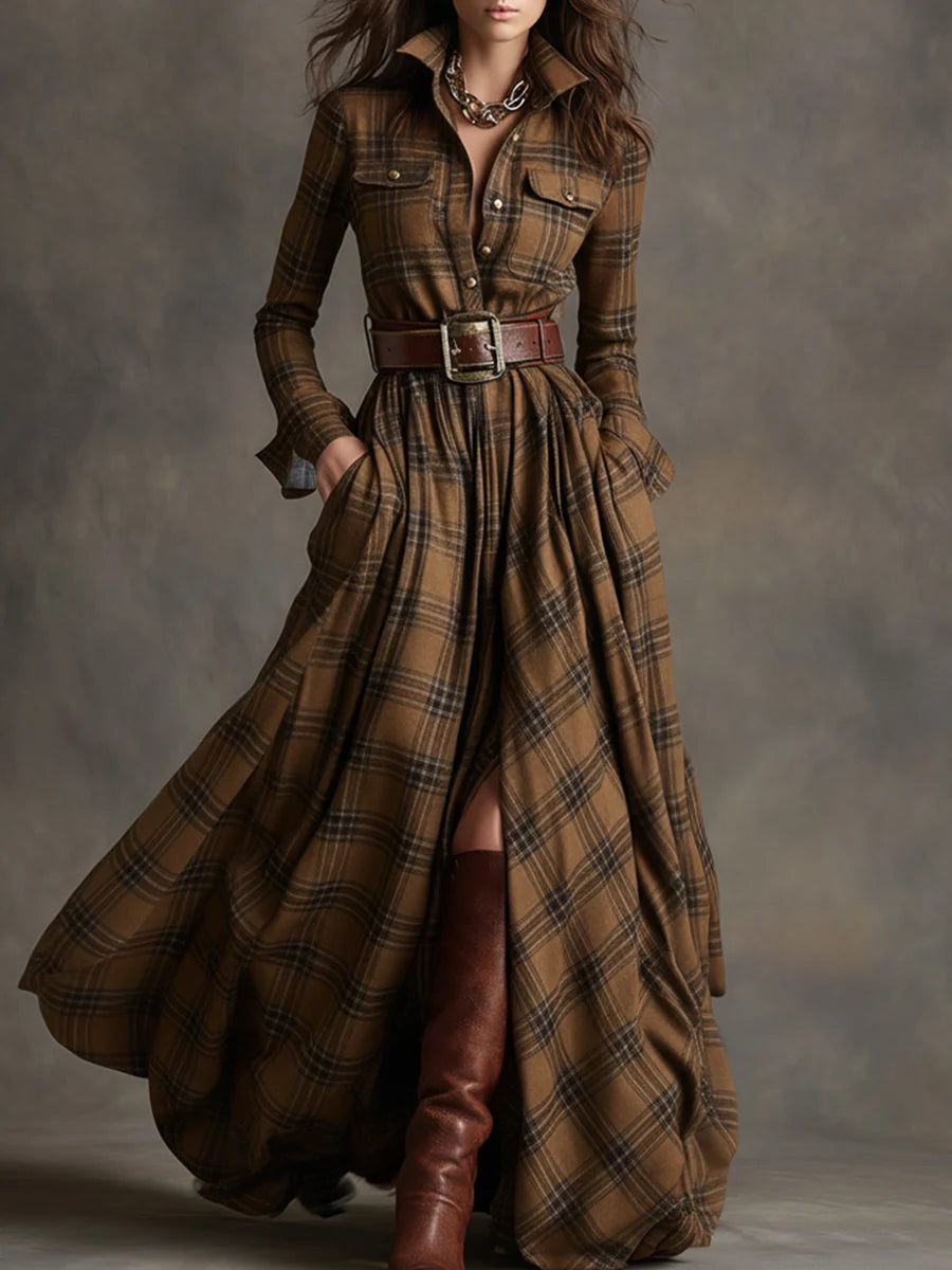 Plaid Collared Long Sleeve High Split Belted Shirt Maxi Dress 3