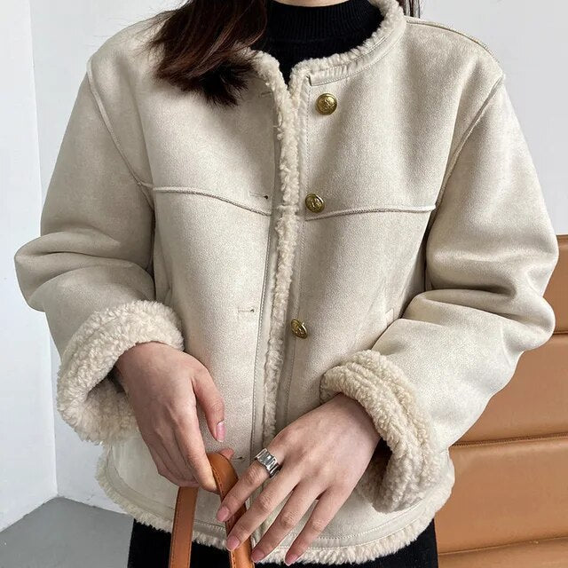 Shearling Trim Button Front Cropped Suede Jacket
