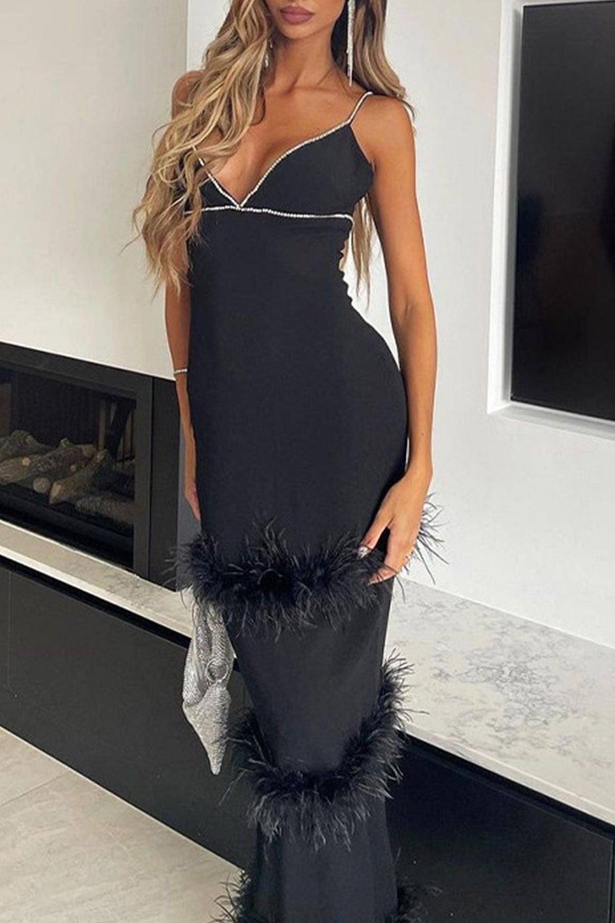 Rhinestone Trim V-Neck Cami Faux Feather Tiered Bodycon Maxi Dress