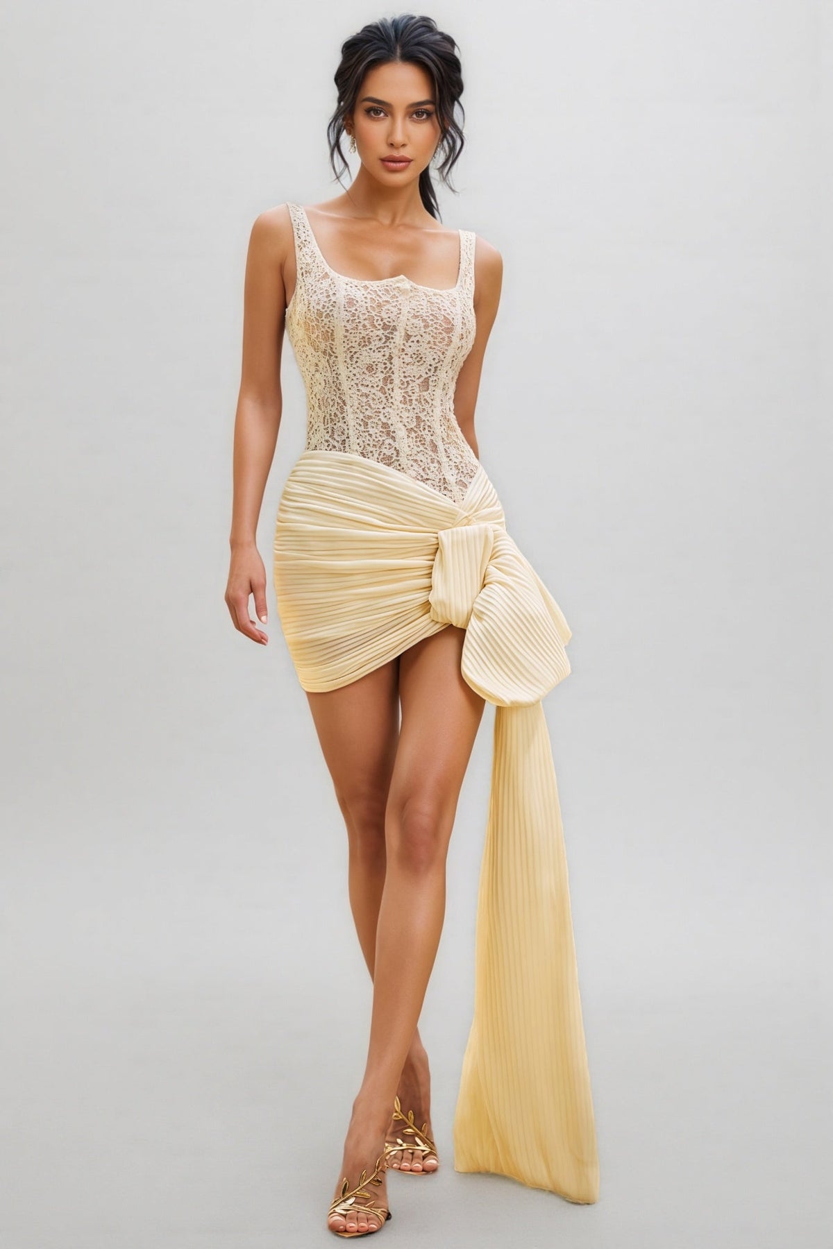 Sheer Lace Corset Bodice Square Neck Pleated Bow Drape Mini Dress