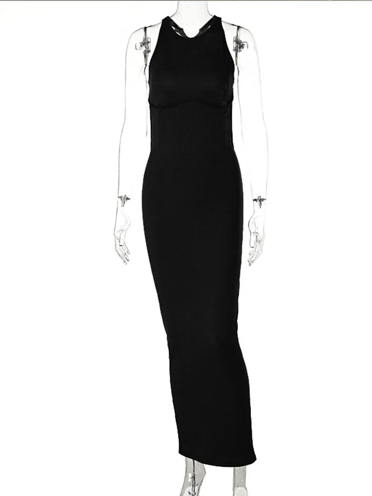 Ribbed Hollow Backless Sleeveless Slit Mini Elegant Y2K Midi Dresses