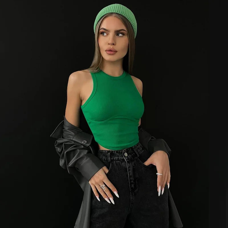 Crew Neck Sleeveless Ribbed Corset Seam Pointed Hem Crop Tank Top 7