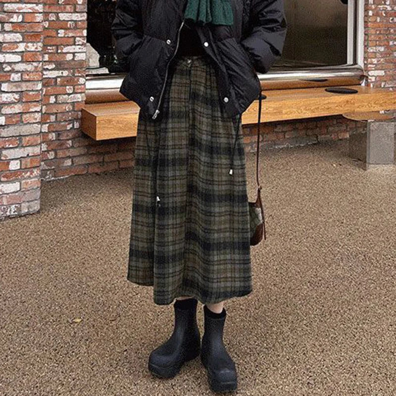 Vintage Woolen Plaid High Waist ALine Midi Skirt