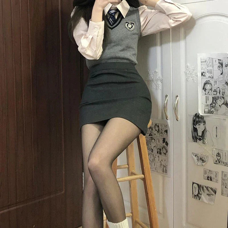 Preppy Style Dark Gray High Waist OneStep Skirt
