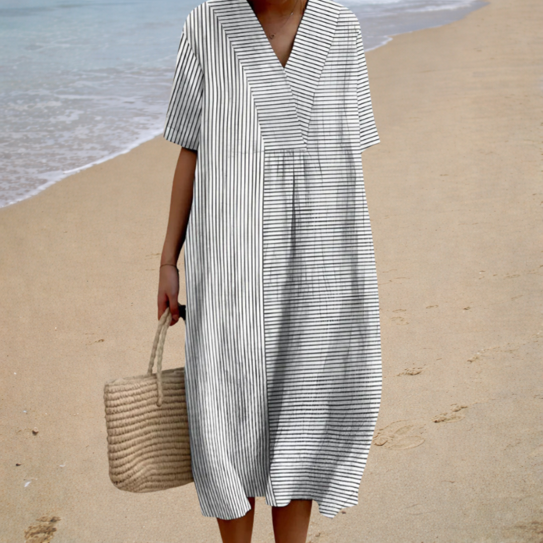 Striped V-Neck Short Sleeve Oversized Midi Dress