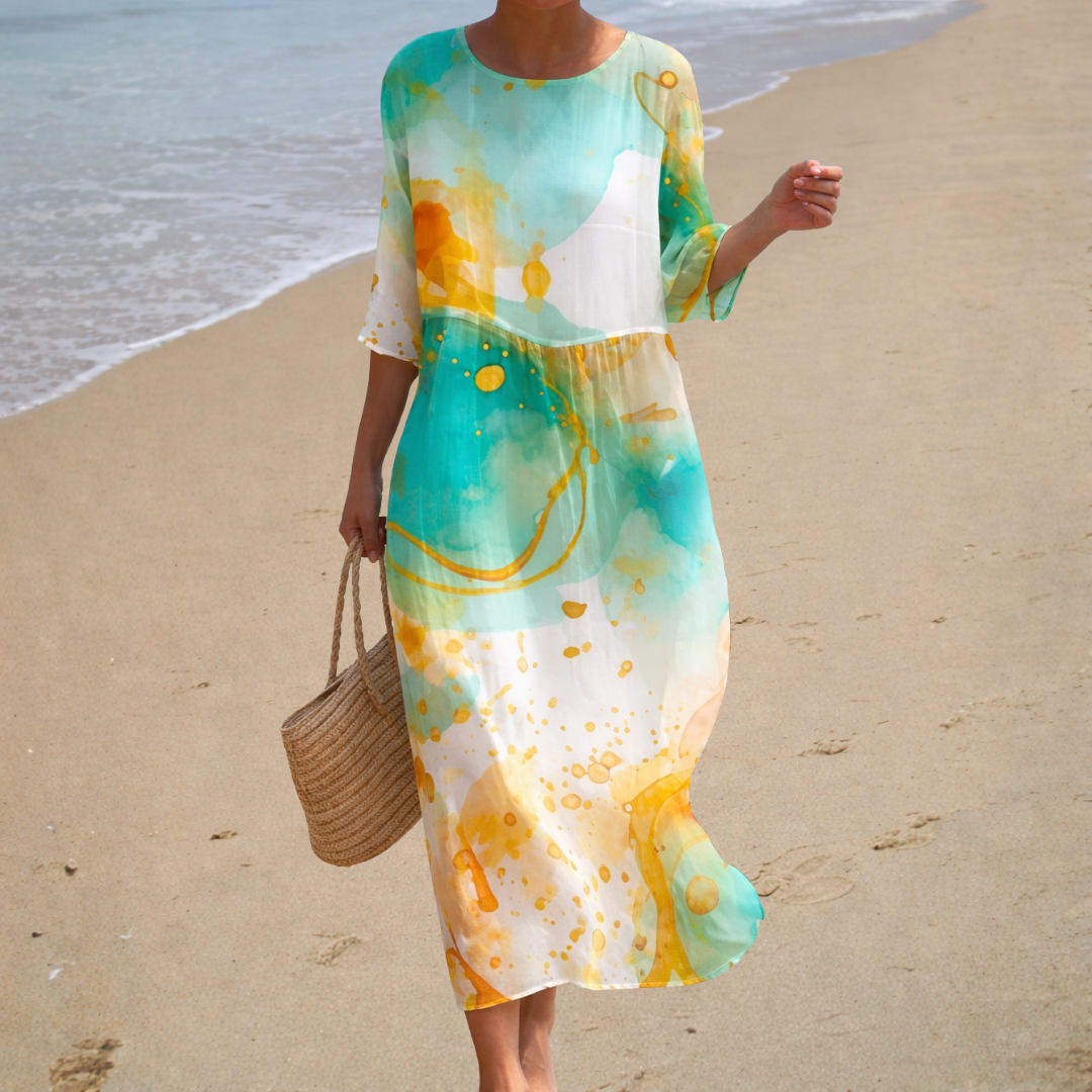 Round Neck Half Sleeve Watercolor Print Maxi Beach Dress