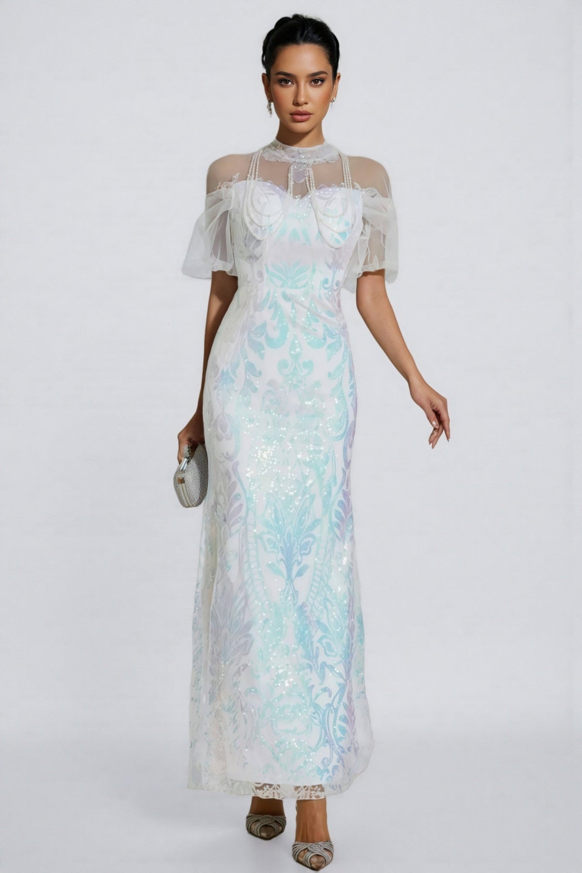 Mock Neck Sheer Mesh Flutter Sleeve Iridescent Sequin Maxi Dress