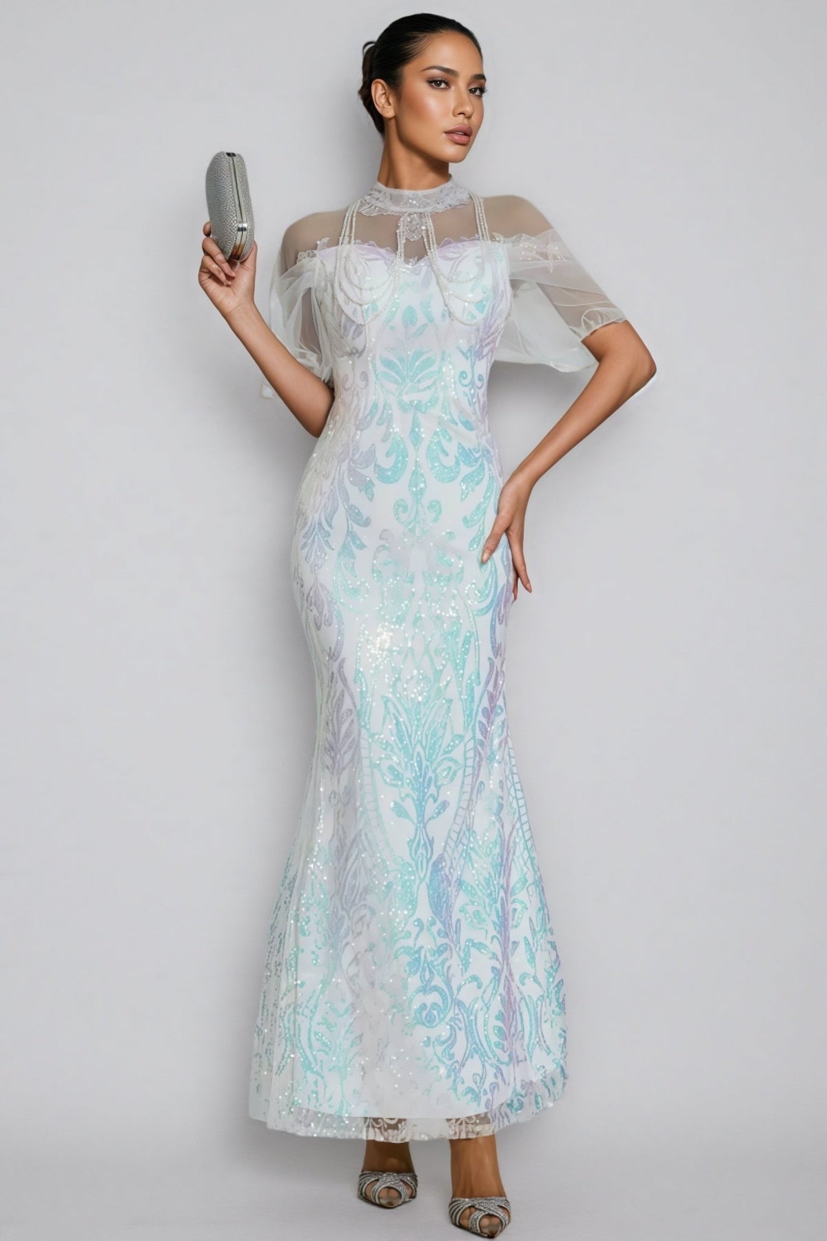 Mock Neck Sheer Mesh Flutter Sleeve Iridescent Sequin Maxi Dress 3