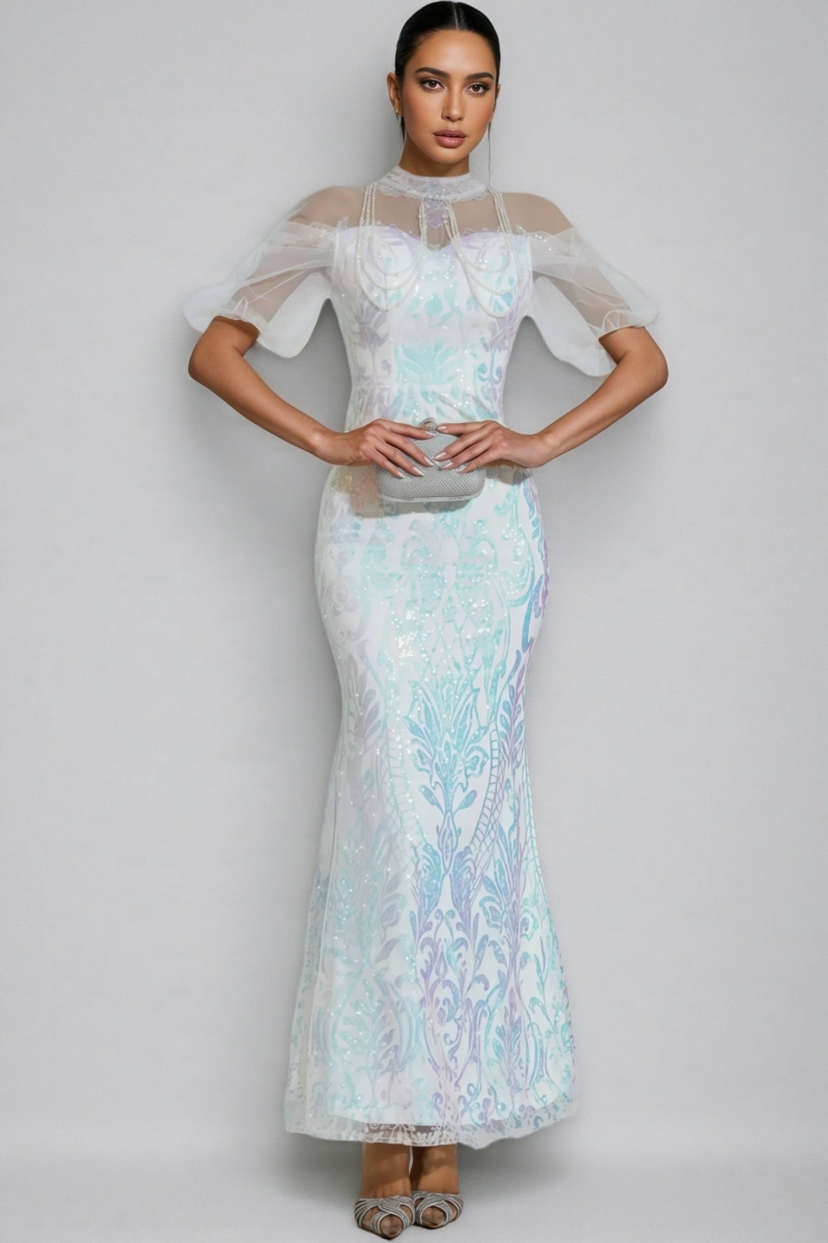 Mock Neck Sheer Mesh Flutter Sleeve Iridescent Sequin Maxi Dress 2
