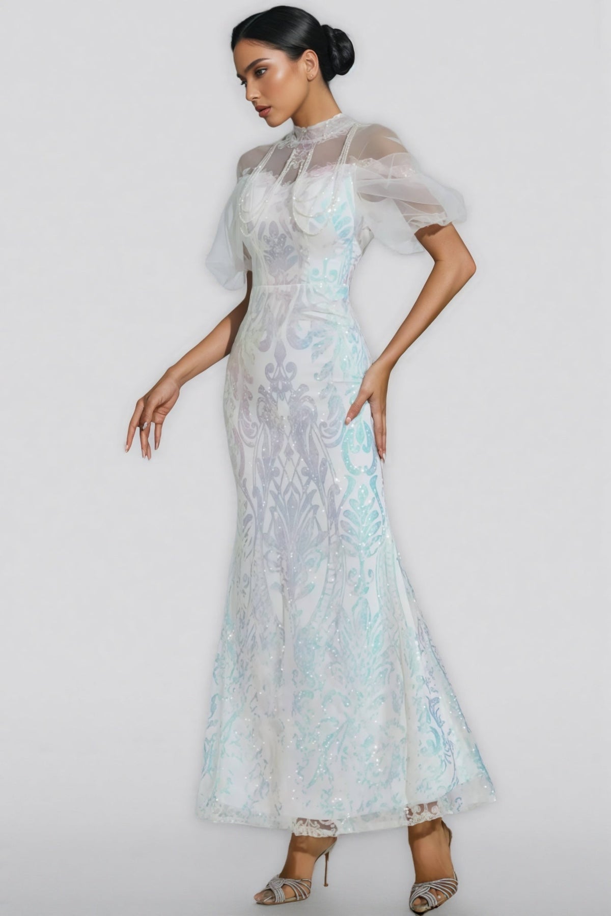 Mock Neck Sheer Mesh Flutter Sleeve Iridescent Sequin Maxi Dress 5