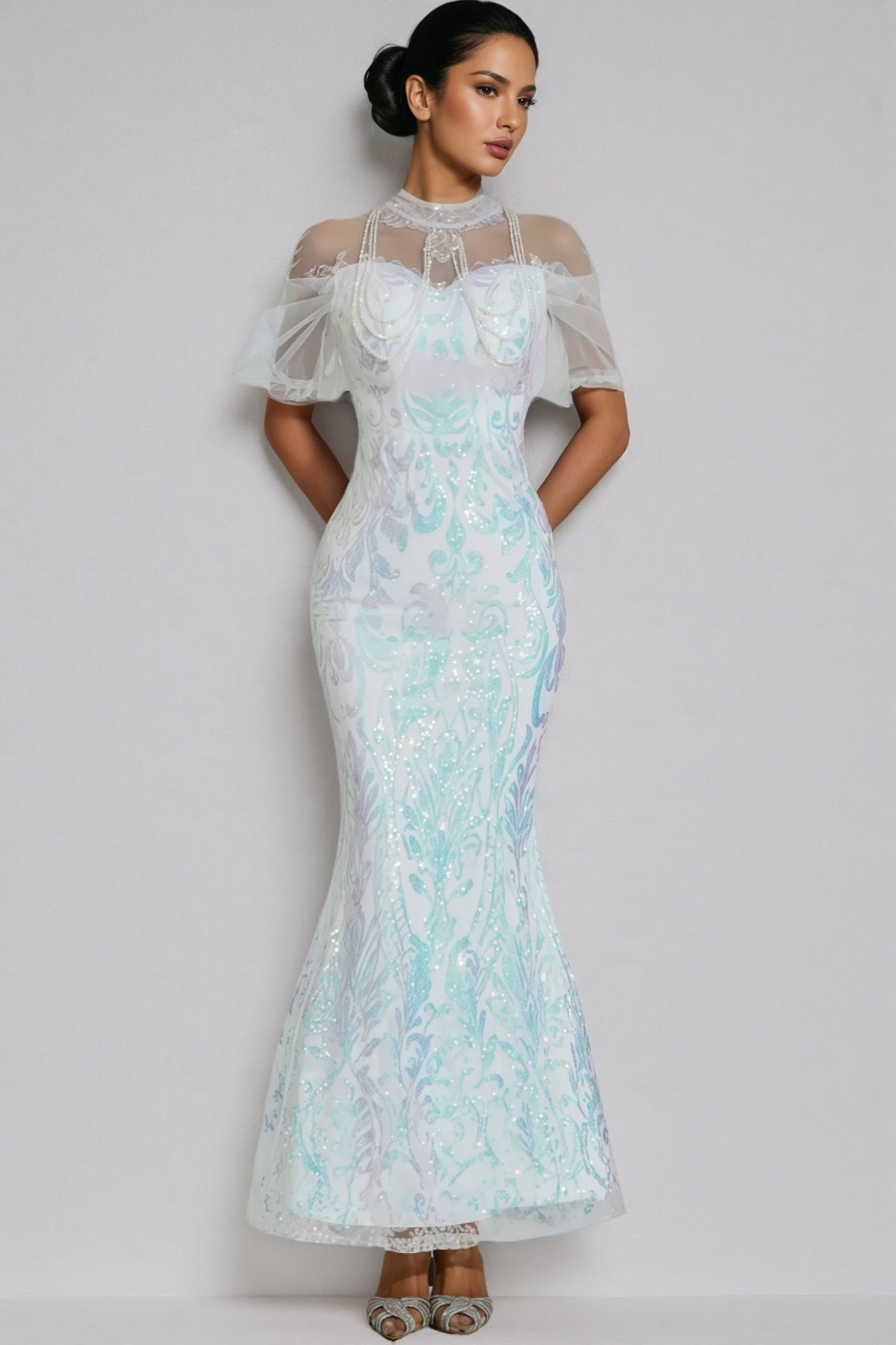 Mock Neck Sheer Mesh Flutter Sleeve Iridescent Sequin Maxi Dress 4