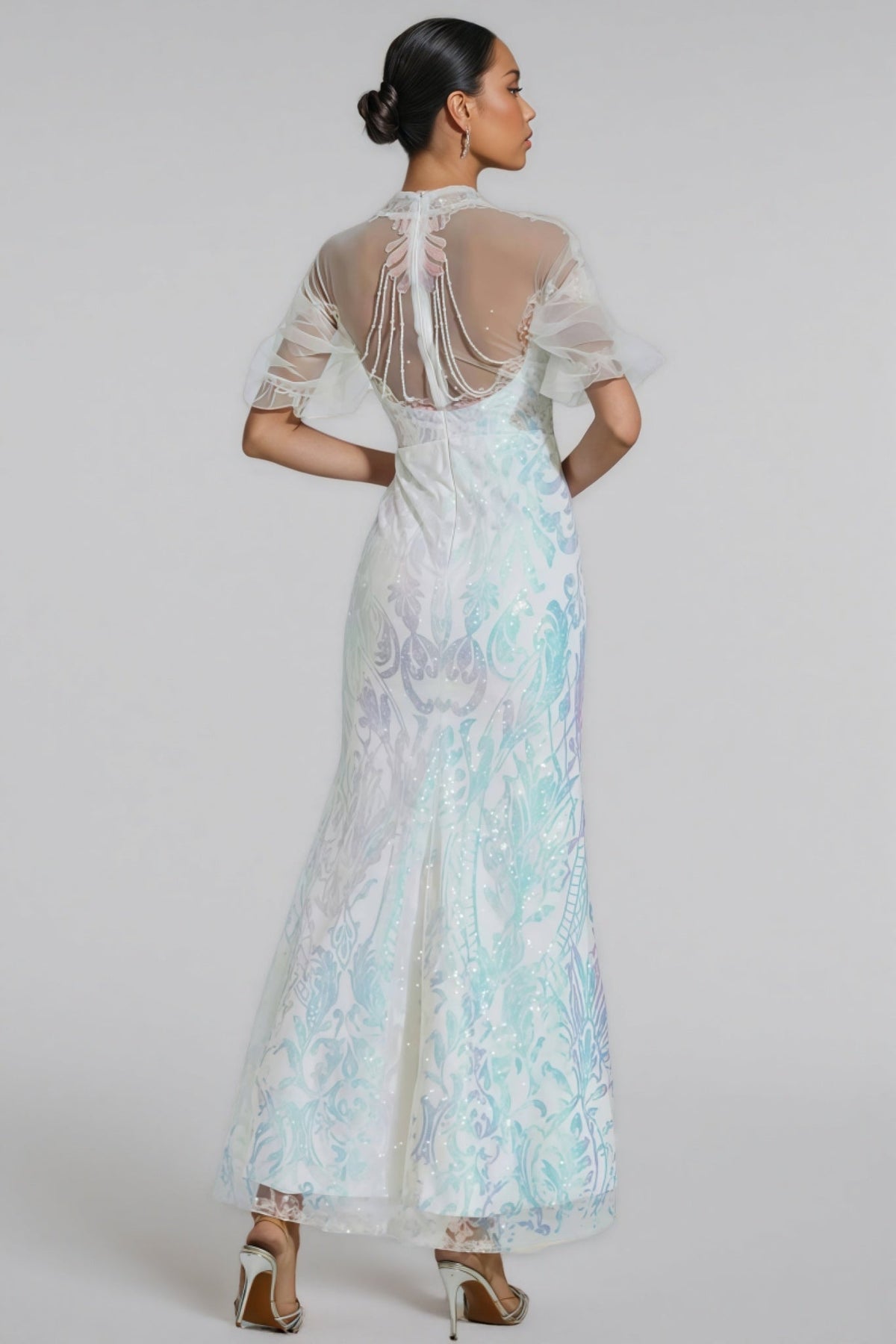 Mock Neck Sheer Mesh Flutter Sleeve Iridescent Sequin Maxi Dress 6