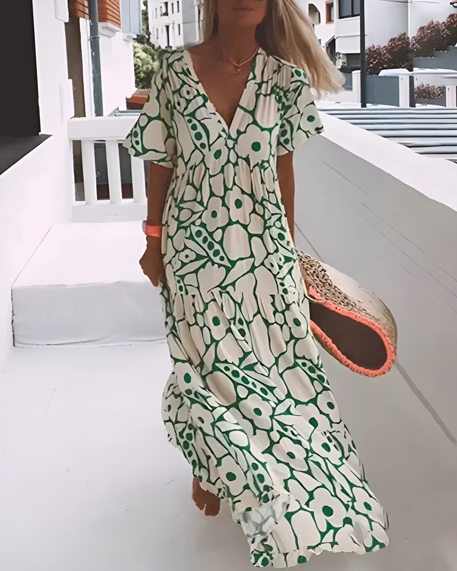 Floral Deep V-Neck Short Sleeve Tiered Maxi Dress