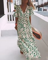 Floral Deep V-Neck Short Sleeve Tiered Maxi Dress