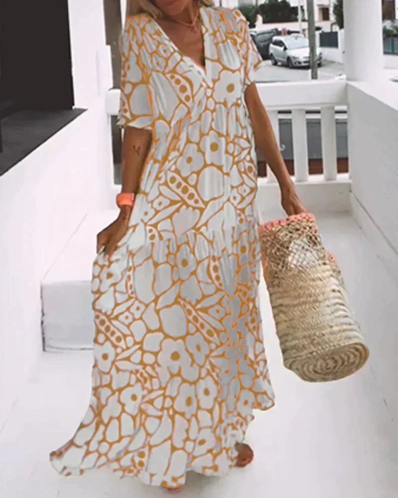 Floral Deep V-Neck Short Sleeve Tiered Maxi Dress 2