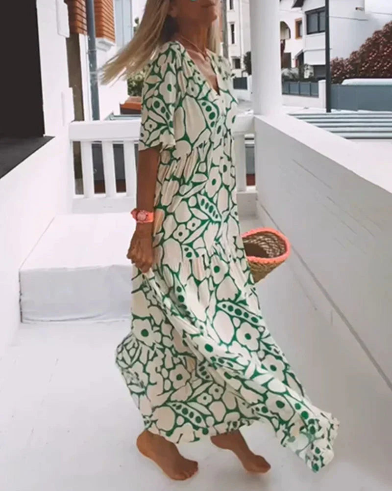 Floral Deep V-Neck Short Sleeve Tiered Maxi Dress 6