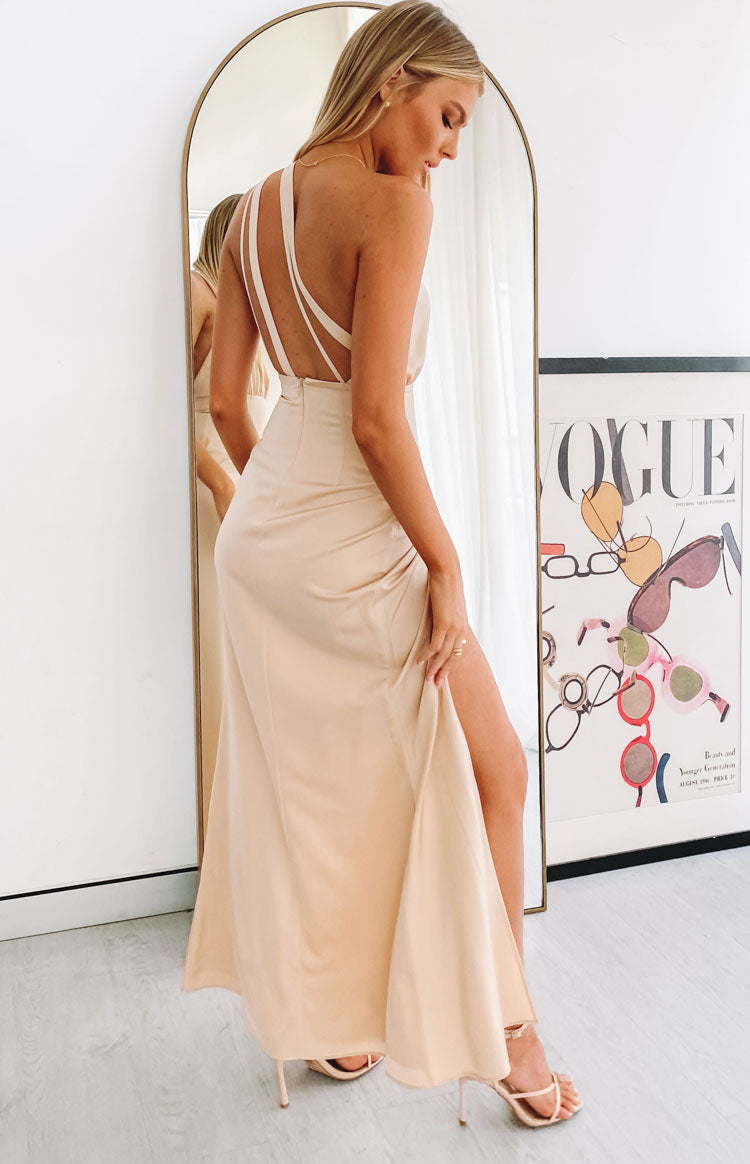 Satin One Shoulder Ruched Bodice High Split Formal Maxi Dress 6