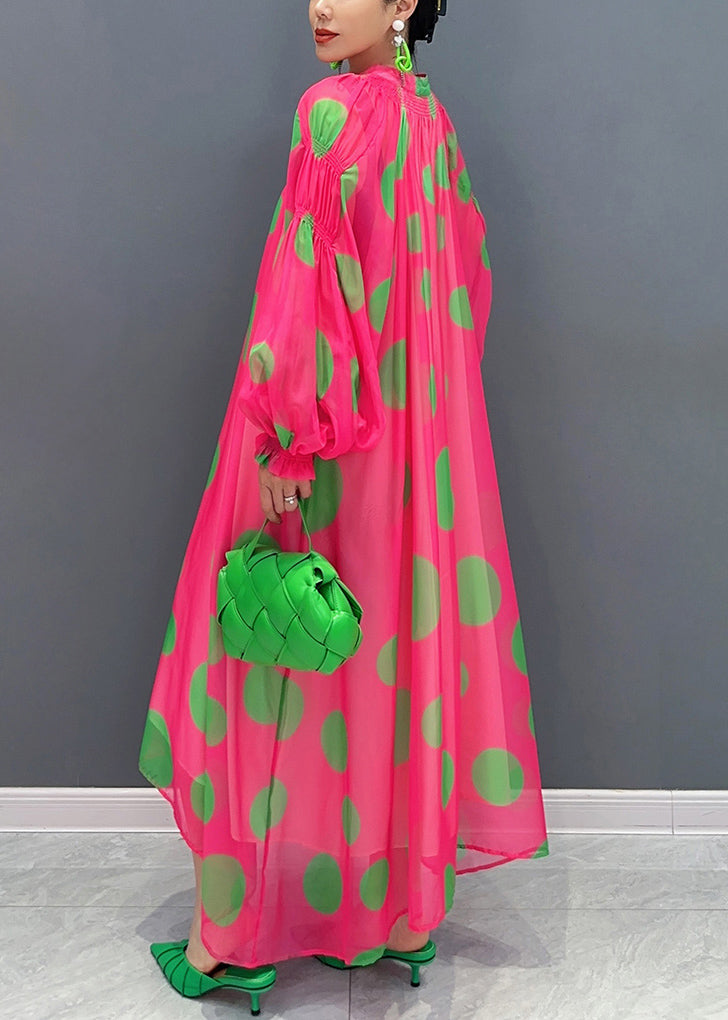 Ruffle Neck Lantern Sleeve Tie Waist Chiffon Maxi Dress